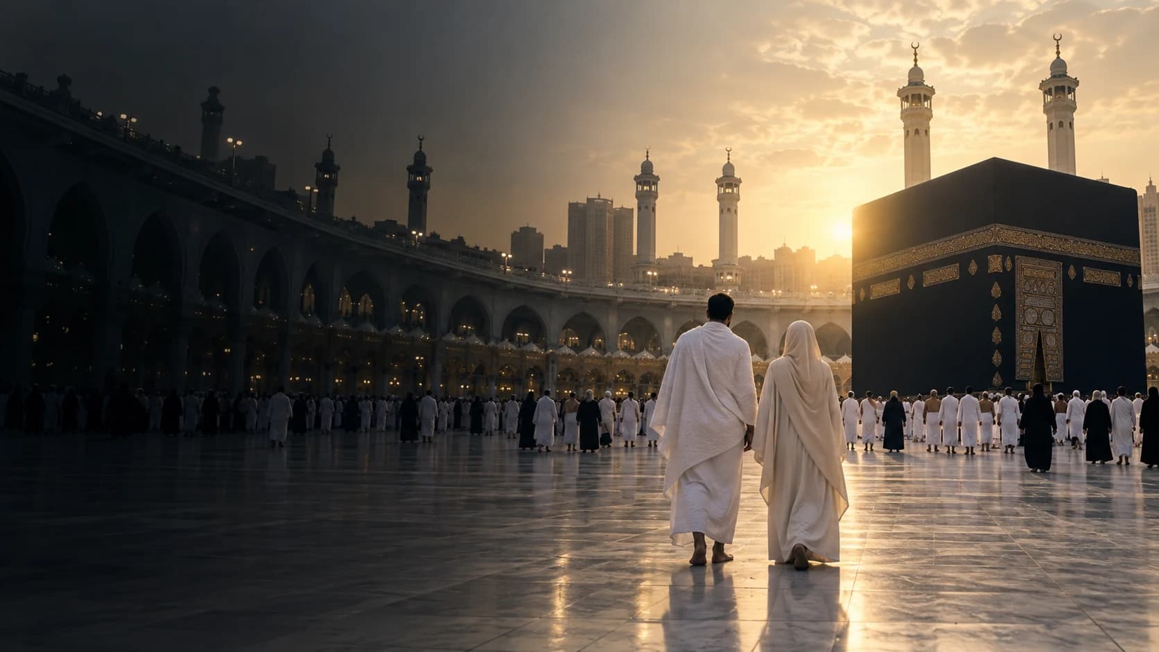Jamaah berjalan menuju Ka'bah saat matahari terbit